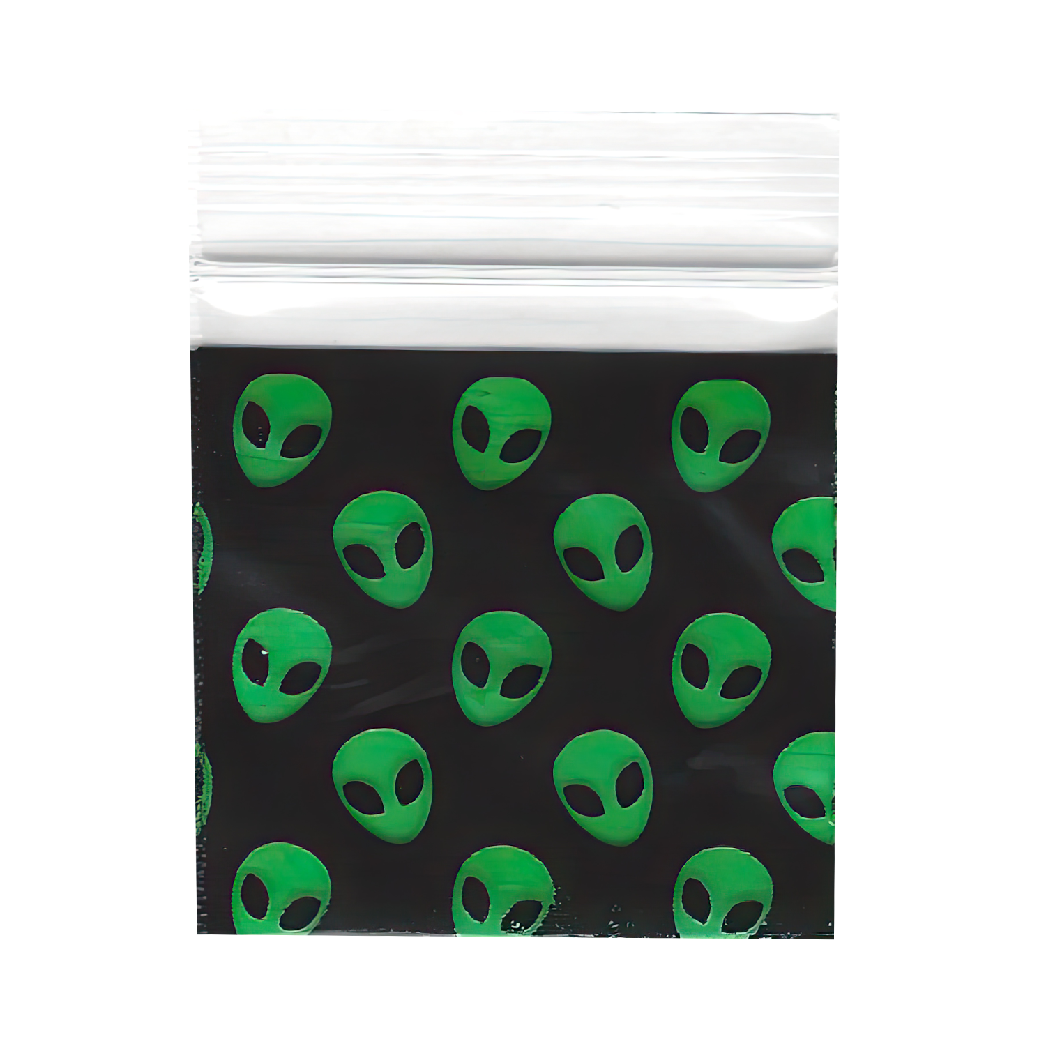 Mylar Bags, herb Mylar Bags, , Where to buy mylar bags, Custom mylar bags near me, Mylar Bags Wholesale. Clear plastic bag with green alien pattern on a black background