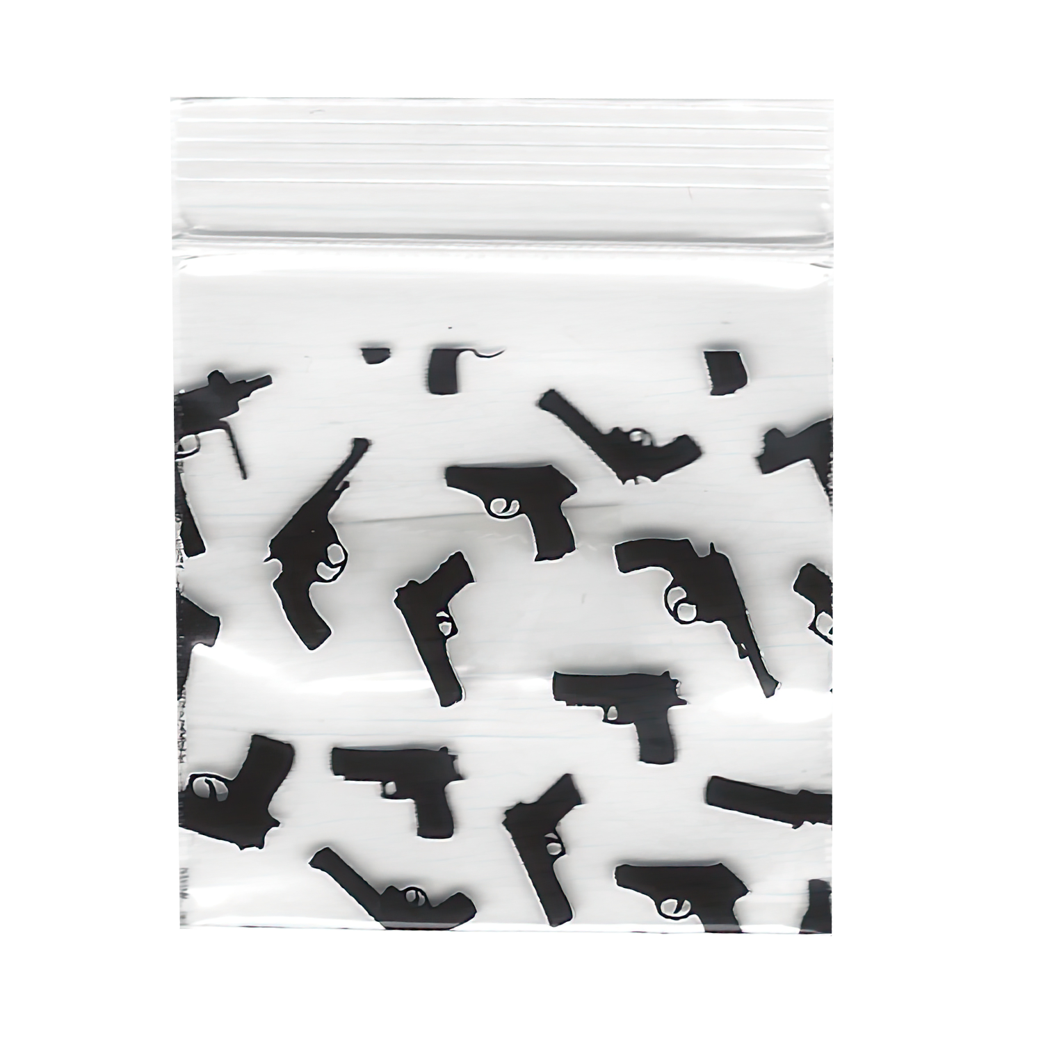 Mylar Bags, herb Mylar Bags, , Where to buy mylar bags, Custom mylar bags near me, Mylar Bags Wholesale. Black gun-shaped objects on a white background in a clear plastic bag