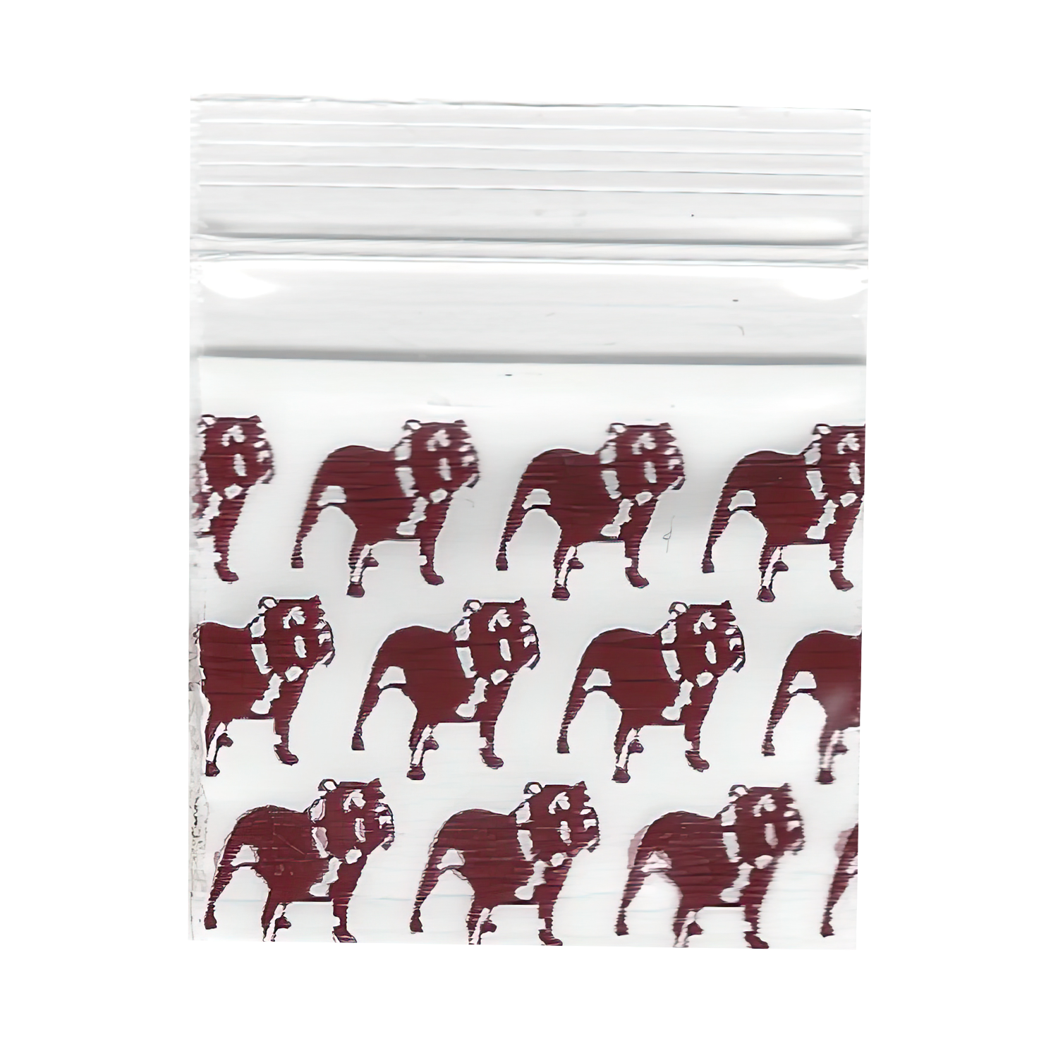 Mylar Bags, herb Mylar Bags, , Where to buy mylar bags, Custom mylar bags near me, Mylar Bags Wholesale. White ziplock bag with red bulldog pattern on a white background