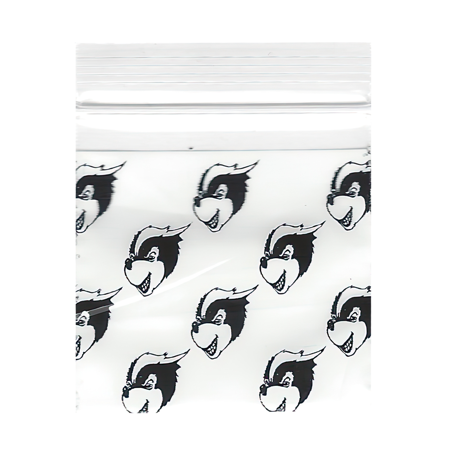 Mylar Bags, herb Mylar Bags, , Where to buy mylar bags, Custom mylar bags near me, Mylar Bags Wholesale. Clear plastic bag with black and white cartoon character pattern on a white background