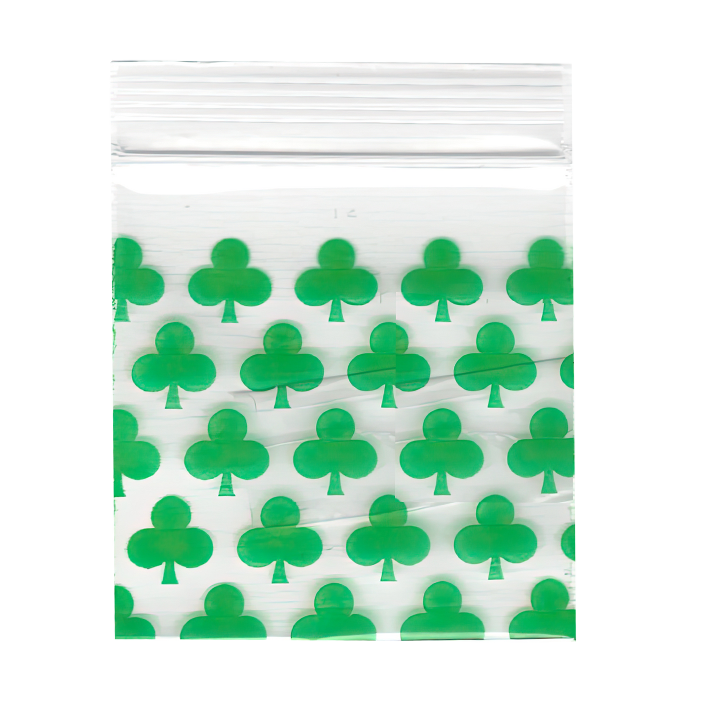 Mylar Bags, Cannabis Mylar Bags, , Where to buy mylar bags, Custom mylar bags near me, Mylar Bags Wholesale. Clear plastic bag with green clover patterns on a white background