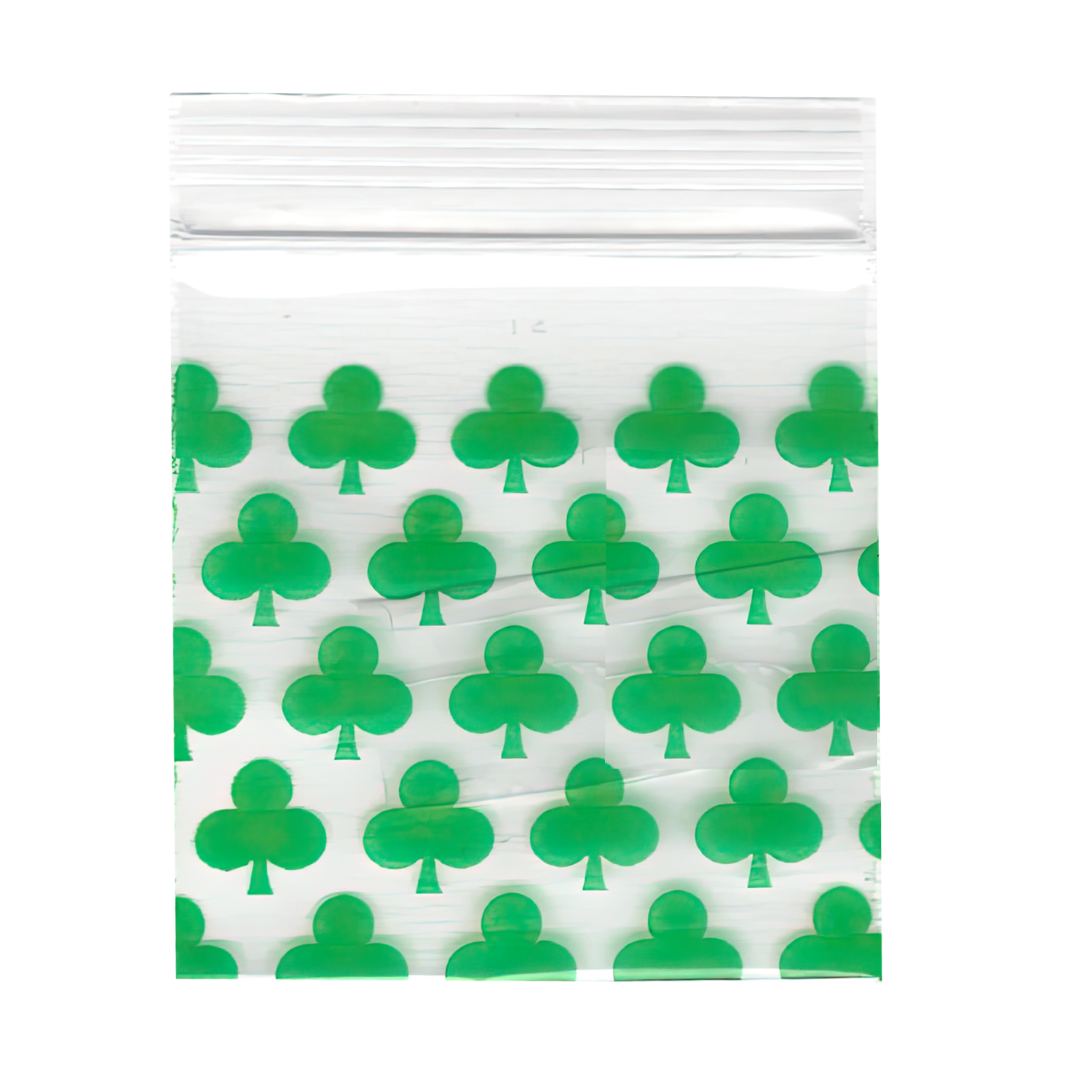 Mylar Bags, herb Mylar Bags, , Where to buy mylar bags, Custom mylar bags near me, Mylar Bags Wholesale.  Clear plastic bag with green clover patterns on a white background