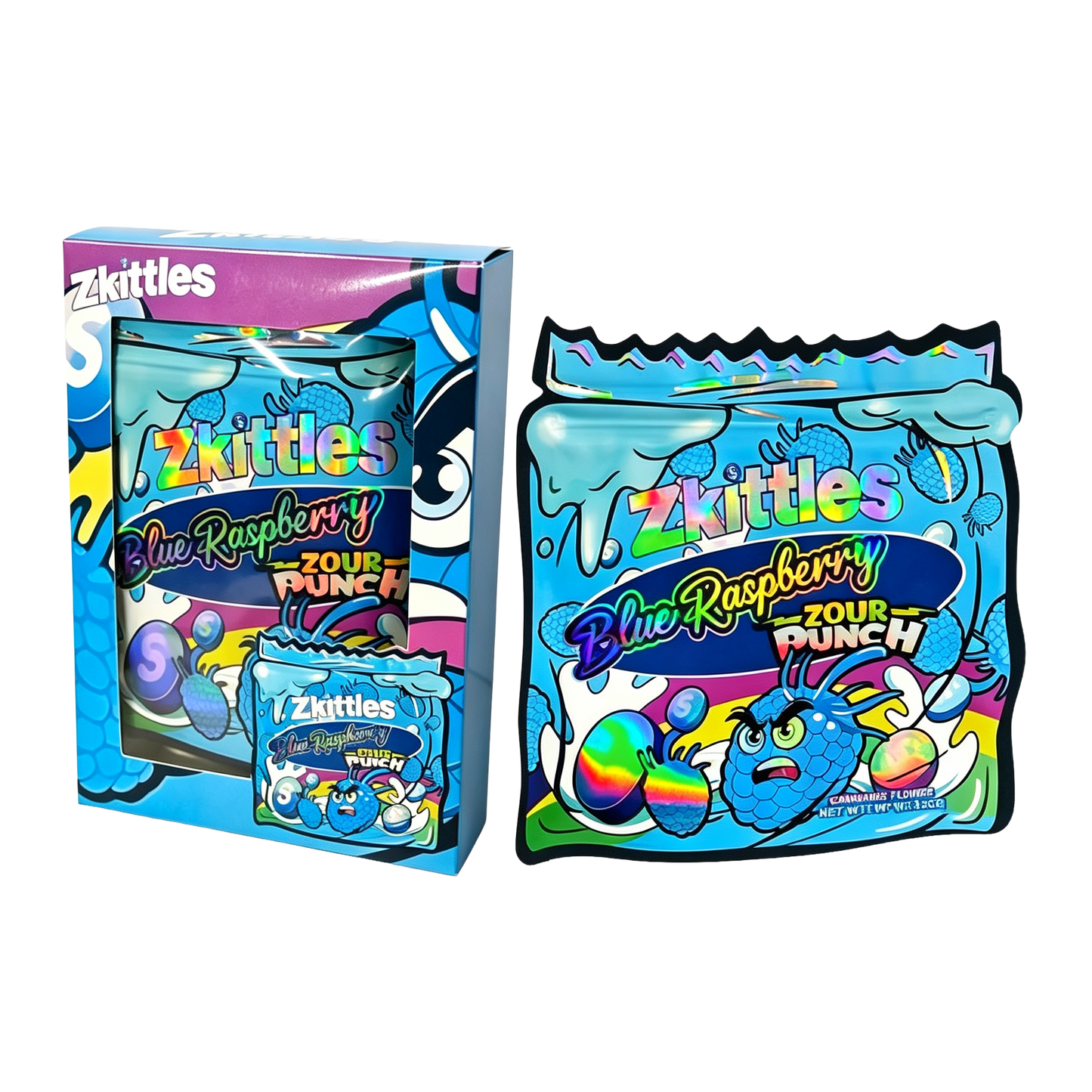 25 Pack 3.5g Shaped Bags & Window Boxes Set - Zkittles Blue Raspberry Zour Punch