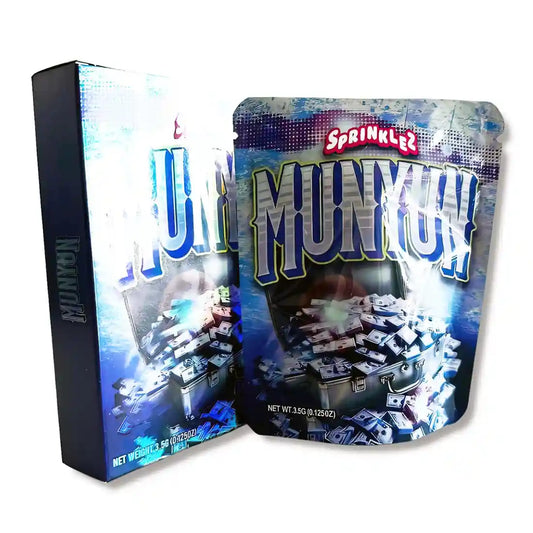 Large mylar bags, herb Mylar Bags, Mylar bag with box, Where to buy mylar bags, Custom mylar bags near me.  Sprinklez Munyun packaging with blue and black design on a white background