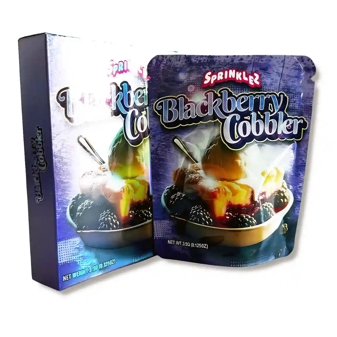 Large mylar bags, herb Mylar Bags, Mylar bag with box, Where to buy mylar bags, Custom mylar bags near me.  Sprinkles Blackberry Cobbler packaging on a white background