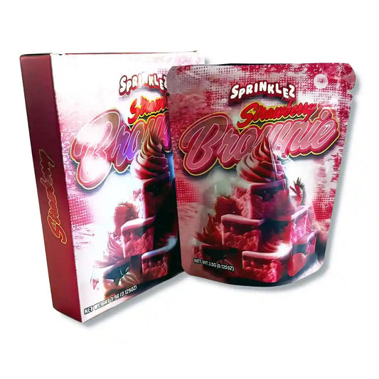 Large mylar bags, herb Mylar Bags, Mylar bag with box, Where to buy mylar bags, Custom mylar bags near me.  Sprinklezz Brownie packaging on a white background