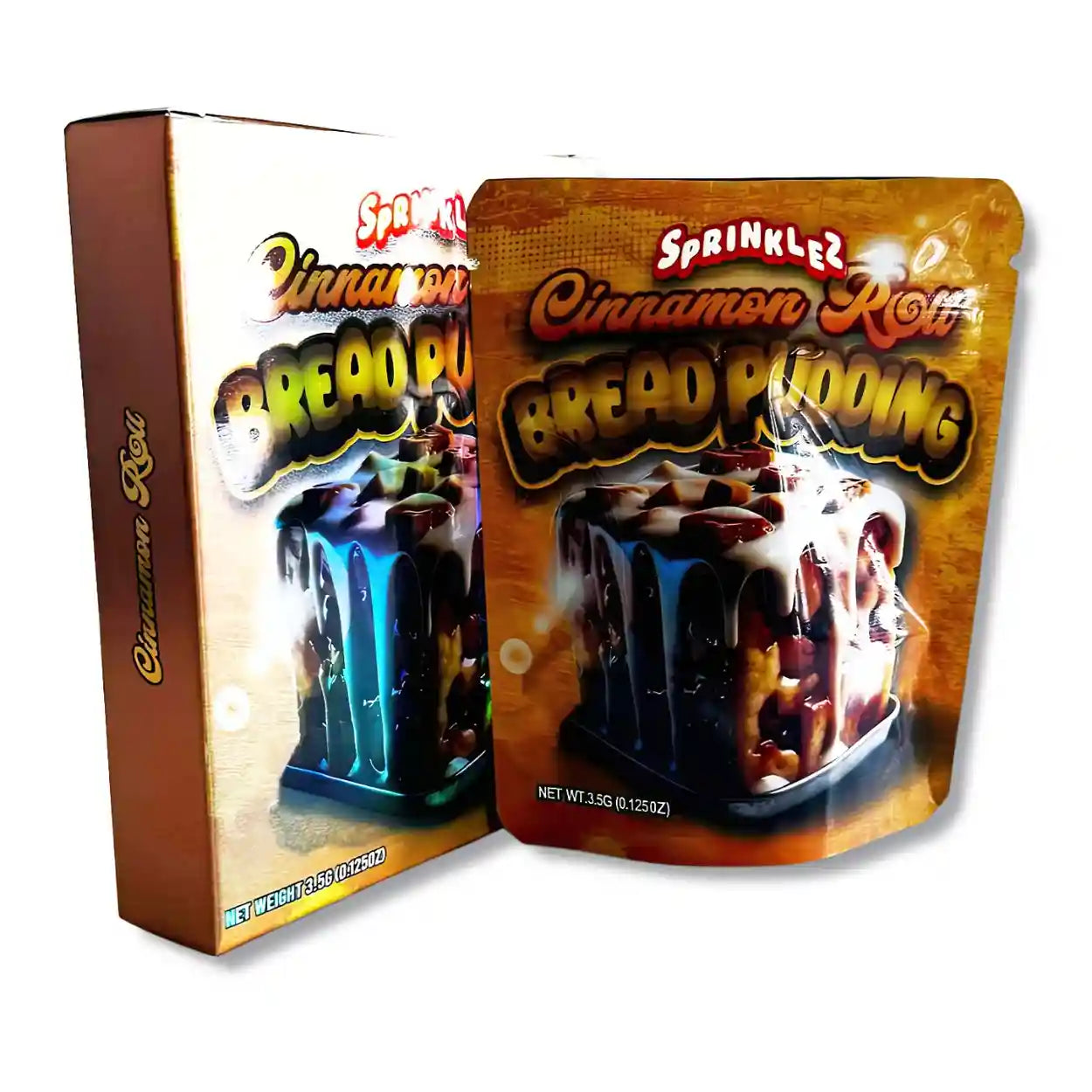 Large mylar bags, herb Mylar Bags, Mylar bag with box, Where to buy mylar bags, Custom mylar bags near me.  Cinnamon Roll Bread Pudding packaging with Sprinkles branding on a white background