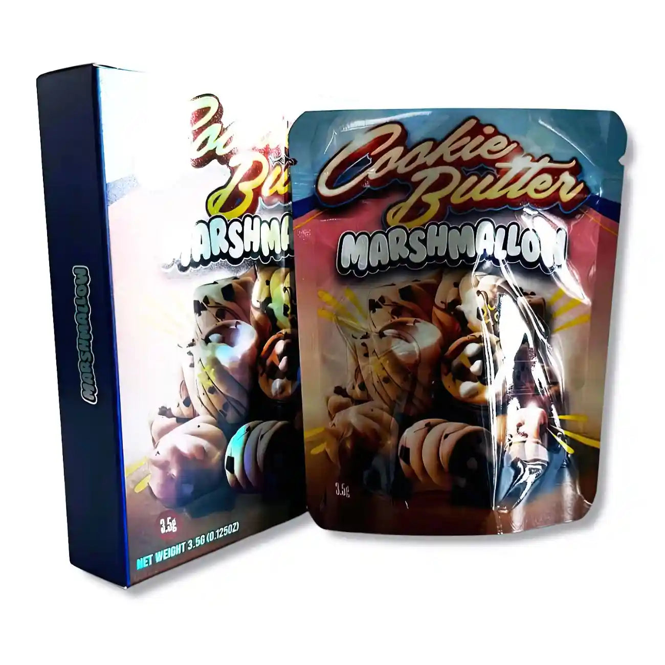 Large mylar bags, herb Mylar Bags, Mylar bag with box, Where to buy mylar bags, Custom mylar bags near me.  Cookie Butter Marshmallow packaging on a white background