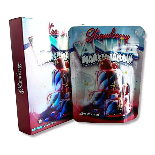Large mylar bags, herb Mylar Bags, Mylar bag with box, Where to buy mylar bags, Custom mylar bags near me.  Vanity Strawberry Marshmallow packaging with colorful design on a white background