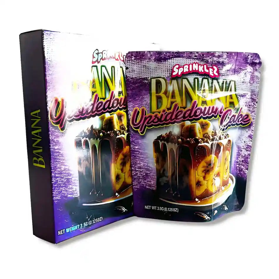 Large mylar bags, herb Mylar Bags, Mylar bag with box, Where to buy mylar bags, Custom mylar bags near me.  Sprinkles packaging for Banana Upside down Cake flavor on a white background