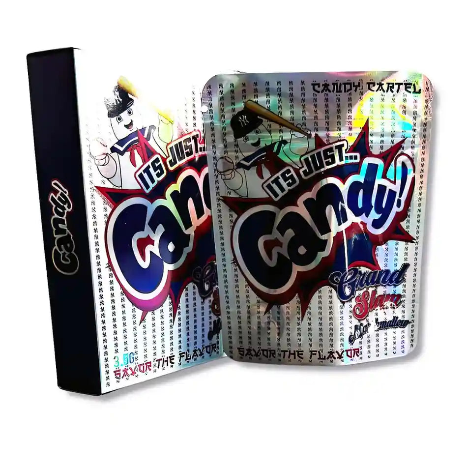 Large mylar bags, herb Mylar Bags, Mylar bag with box, Where to buy mylar bags, Custom mylar bags near me. Candy brand packaging with colorful design and text on a white background