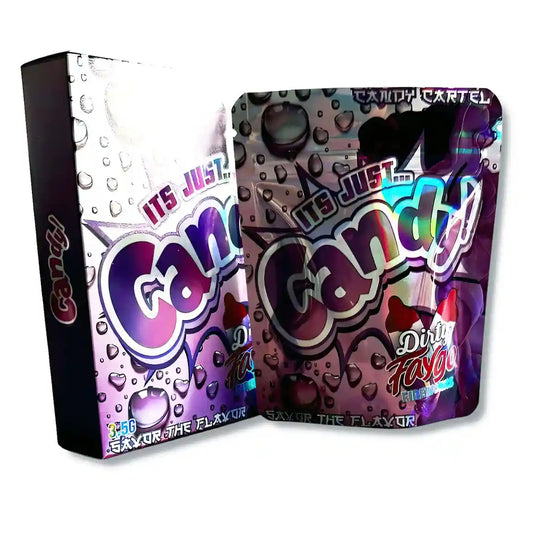 Large mylar bags, herb Mylar Bags, Mylar bag with box, Where to buy mylar bags, Custom mylar bags near me.  Candy brand packaging with colorful design on a white background