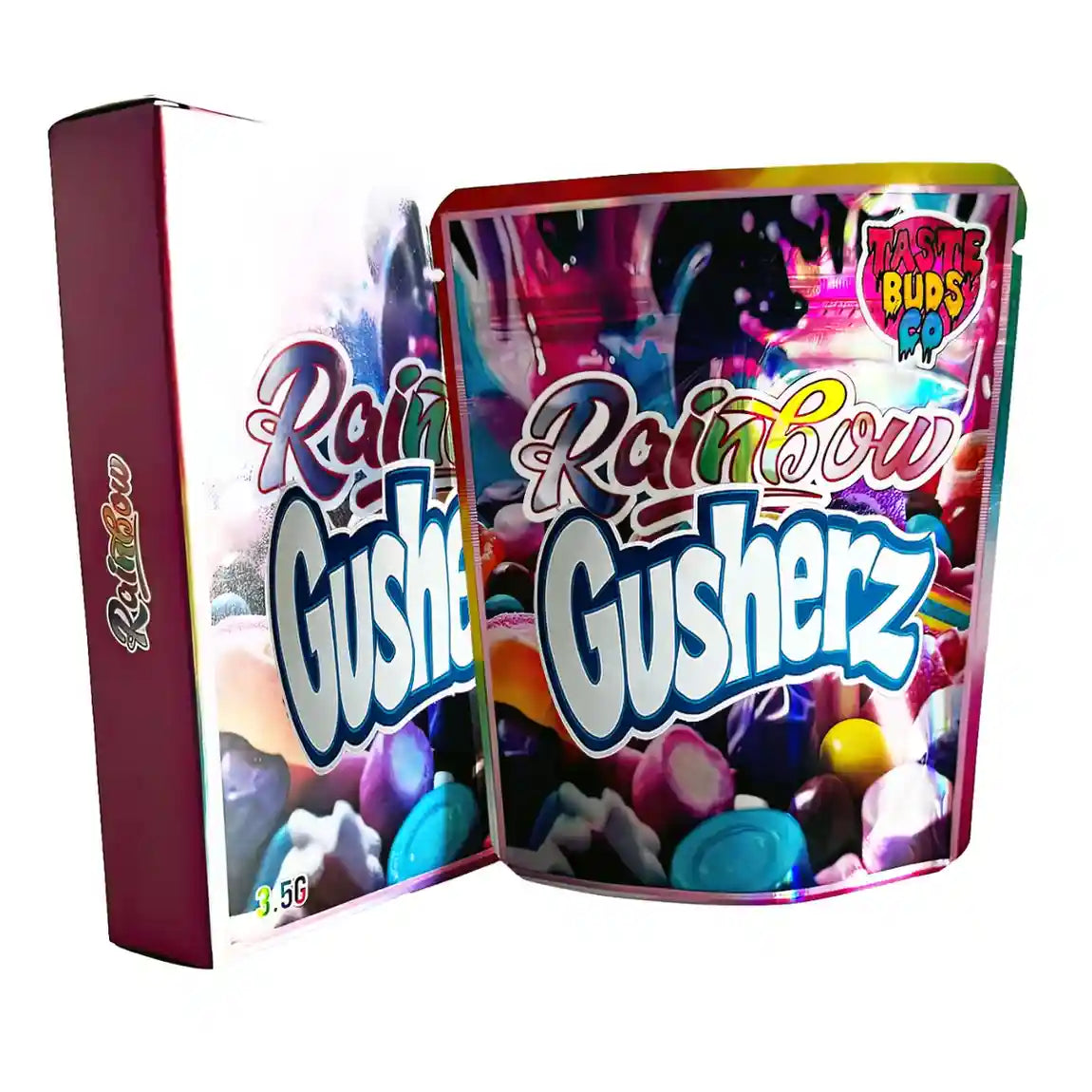 Large mylar bags, herb Mylar Bags, Mylar bag with box, Where to buy mylar bags, Custom mylar bags near me. Open packaging of Rainbow Gushers candy with colorful design and text.