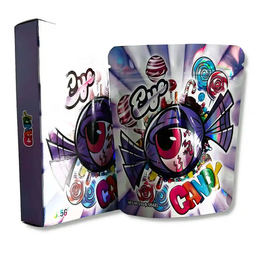 Large mylar bags, herb Mylar Bags, Mylar bag with box, Where to buy mylar bags, Custom mylar bags near me. Colorful candy packaging with 'Candy' text and cartoon character on a white background