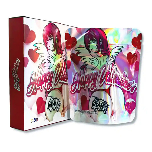 Large mylar bags, herb Mylar Bags, Mylar bag with box, Where to buy mylar bags, Custom mylar bags near me. Valentine's Day-themed product packaging with anime-style characters and hearts.