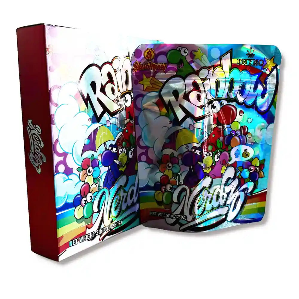 Large mylar bags, herb Mylar Bags, Mylar bag with box, Where to buy mylar bags, Custom mylar bags near me. Colorful packaging with cartoon characters and brand names on a white background