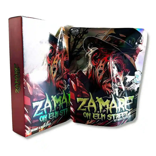 Large mylar bags, herb Mylar Bags, Mylar bag with box, Where to buy mylar bags, Custom mylar bags near me.  Zama on Elm Street packaging with colorful design and text