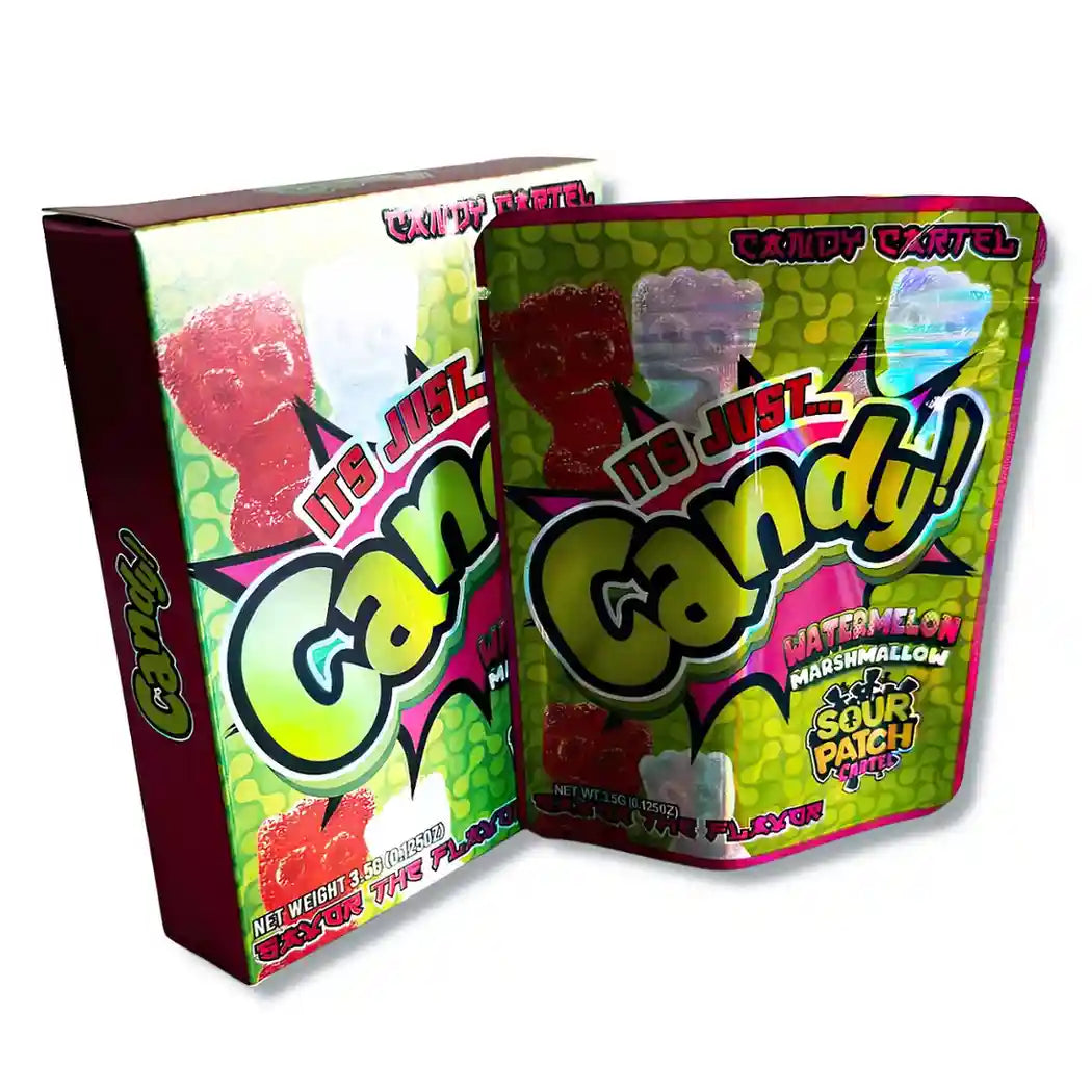 Large mylar bags, herb Mylar Bags, Mylar bag with box, Where to buy mylar bags, Custom mylar bags near me.  Two colorful candy packages with 'It's Just Candy!' branding on a white background.