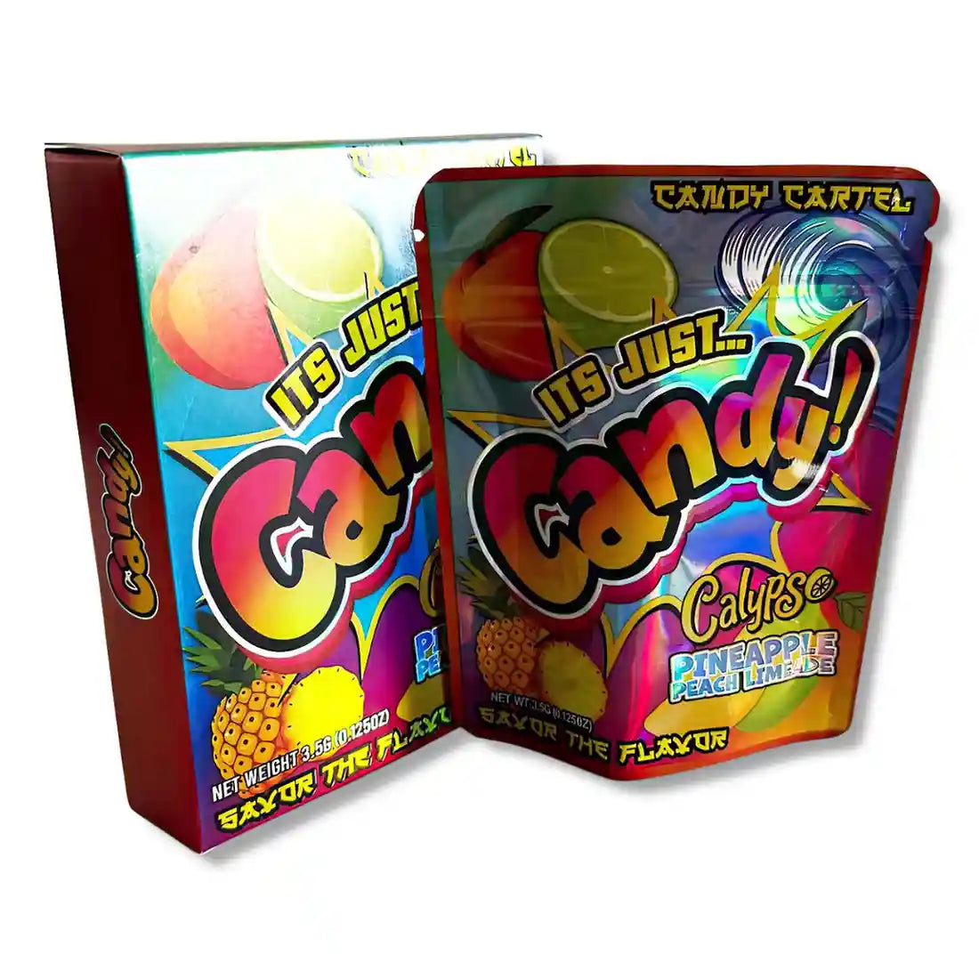 Large mylar bags, herb Mylar Bags, Mylar bag with box, Where to buy mylar bags, Custom mylar bags near me. Colorful candy packaging with 'Candy Cartel' branding on a white background