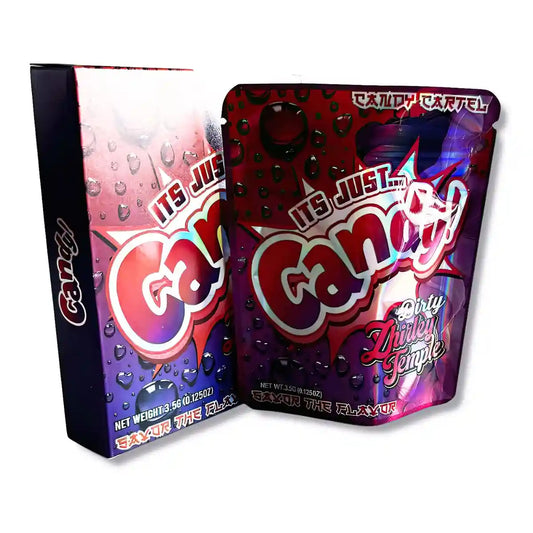 Large mylar bags, herb Mylar Bags, Mylar bag with box, Where to buy mylar bags, Custom mylar bags near me.  Gandi candy packaging with vibrant colors on a white background