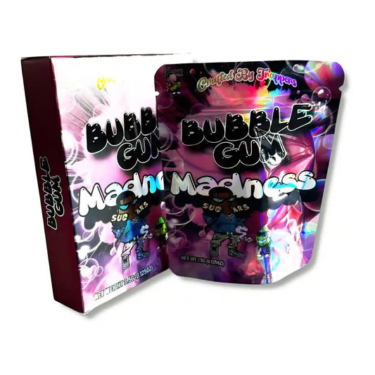 Large mylar bags, herb Mylar Bags, Mylar bag with box, Where to buy mylar bags, Custom mylar bags near me. Packaging of 'Bubble Gum Madness' with colorful design and text.