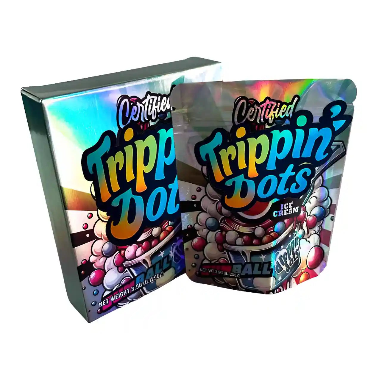 Two Mylar Bag packages of 'Certified Trippin Dots' ice cream with colorful designs on a white background.