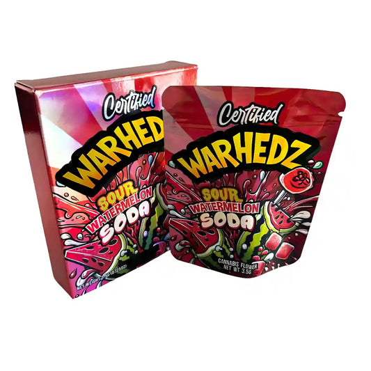 Large mylar bags, herb Mylar Bags, Mylar bag with box, Where to buy mylar bags, Custom mylar bags near me. Warhedz Sour Watermelon Soda packaging on a white background