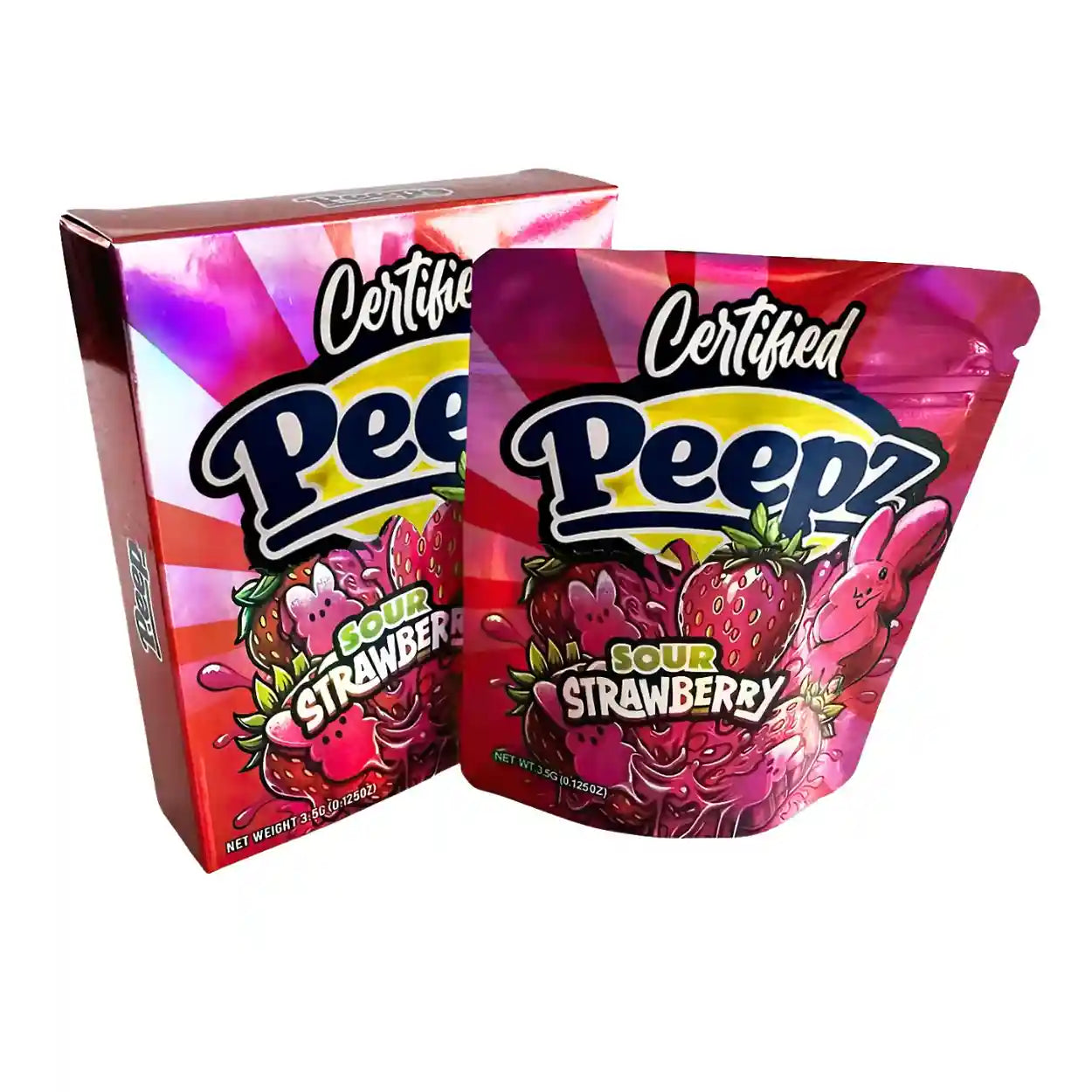 Large mylar bags, herb Mylar Bags, Mylar bag with box, Where to buy mylar bags, Custom mylar bags near me. Certified Peepz Sour Strawberry candy packaging on a white background