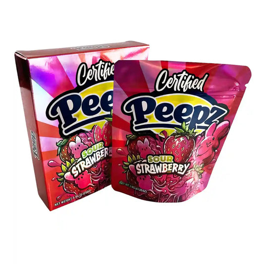 Large mylar bags, herb Mylar Bags, Mylar bag with box, Where to buy mylar bags, Custom mylar bags near me. Certified Peepz Sour Strawberry candy packaging on a white background