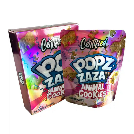 Mylar Bag Certified Popz Zaza Animal Cookies packaging on a white background