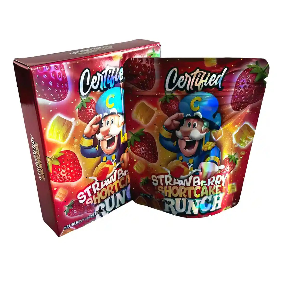 Two Mylar Bag packages of Certified Strawberry Shortcake Runch on a white background