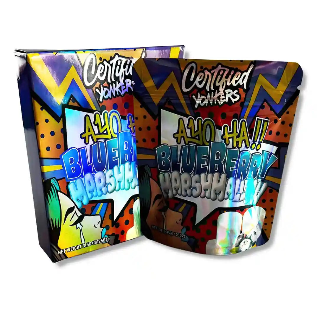 Large mylar bags, herb Mylar Bags, Mylar bag with box, Where to buy mylar bags, Custom mylar bags near me. Two colorful packages of 'Aloha Blueberry Marshmallows' by Certified Yonkers on a white background.