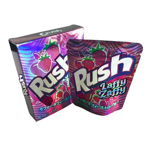 Two Mylar Bags packages of Rush Laffy Zaffy candy with colorful designs and strawberry graphics on a white background.