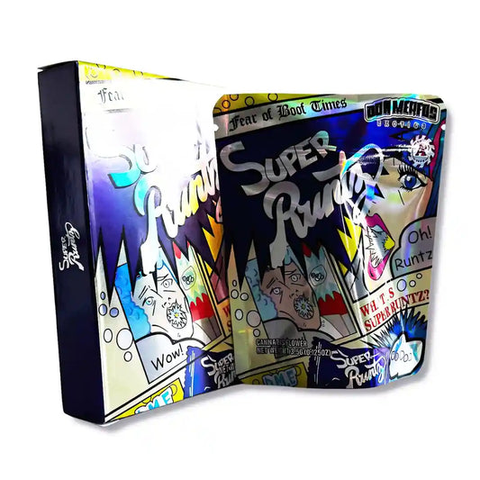 Large mylar bags, herb Mylar Bags, Mylar bag with box, Where to buy mylar bags, Custom mylar bags near me. Super Runtz herb packaging with colorful graphics on a white background