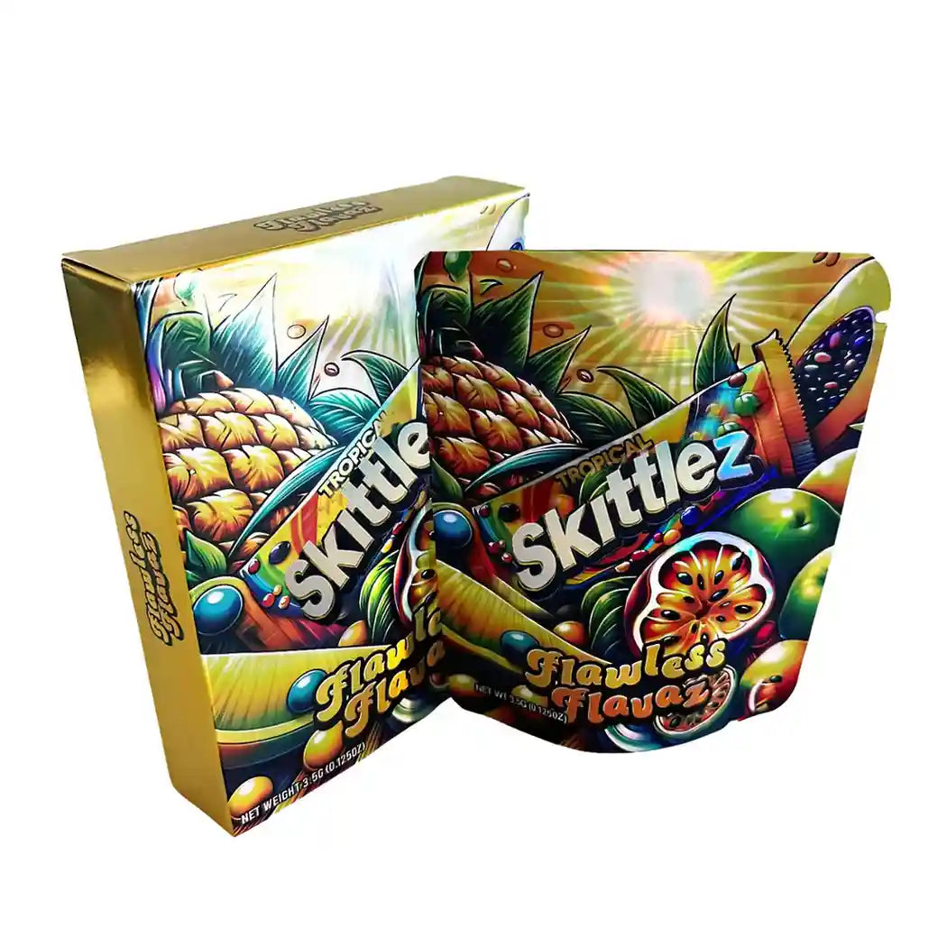 Large mylar bags, herb Mylar Bags, Mylar bag with box, Where to buy mylar bags, Custom mylar bags near me. Colorful Skittlez candy packaging with pineapple design on a white background