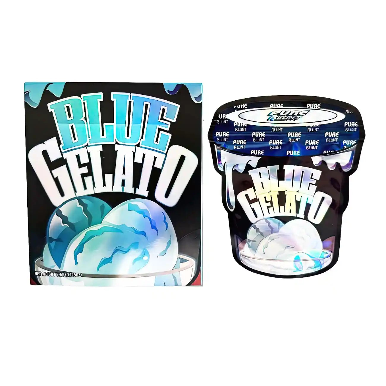 Mylar Bag Blue Gelato packaging with ice cream illustration and 'Pure' branding.
