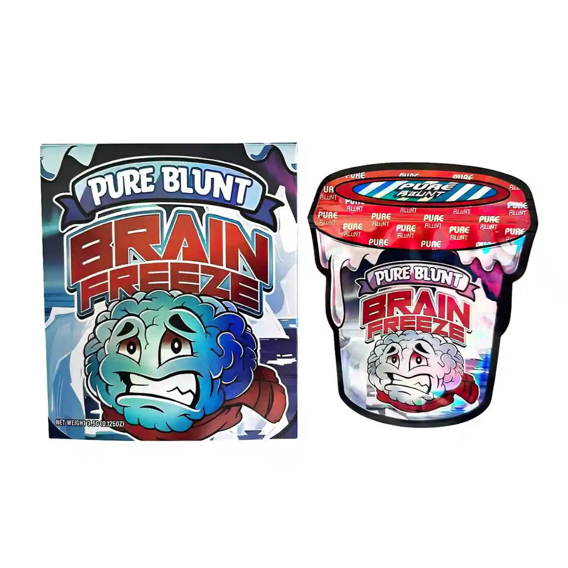 Mylar Bag Two packages of Pure Blunt Brain Freeze candy on a white background