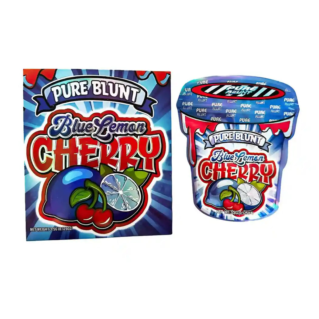 Two Mylar Bag packages of Pure Blunt Blue Lemon Cherry candy on a white background