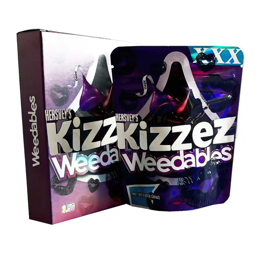 Large mylar bags, herb Mylar Bags, Mylar bag with box, Where to buy mylar bags, Custom mylar bags near me. Kizz Kizziez Weedables packaging with Hershey's branding on a white background
