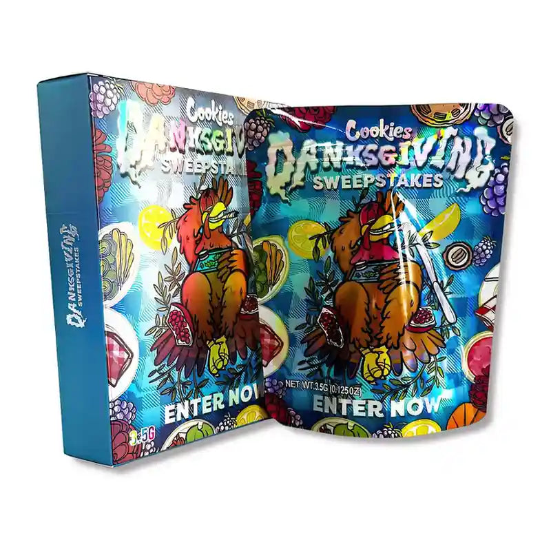 Large mylar bags, herb Mylar Bags, Mylar bag with box, Where to buy mylar bags, Custom mylar bags near me.  Colorful packaging with cartoon rooster design and 'Danksgiving Sweeps' text on a white background
