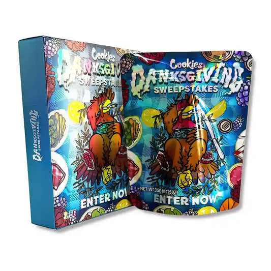 Large mylar bags, herb Mylar Bags, Mylar bag with box, Where to buy mylar bags, Custom mylar bags near me.  Colorful packaging with cartoon rooster design and 'Danksgiving Sweeps' text on a white background