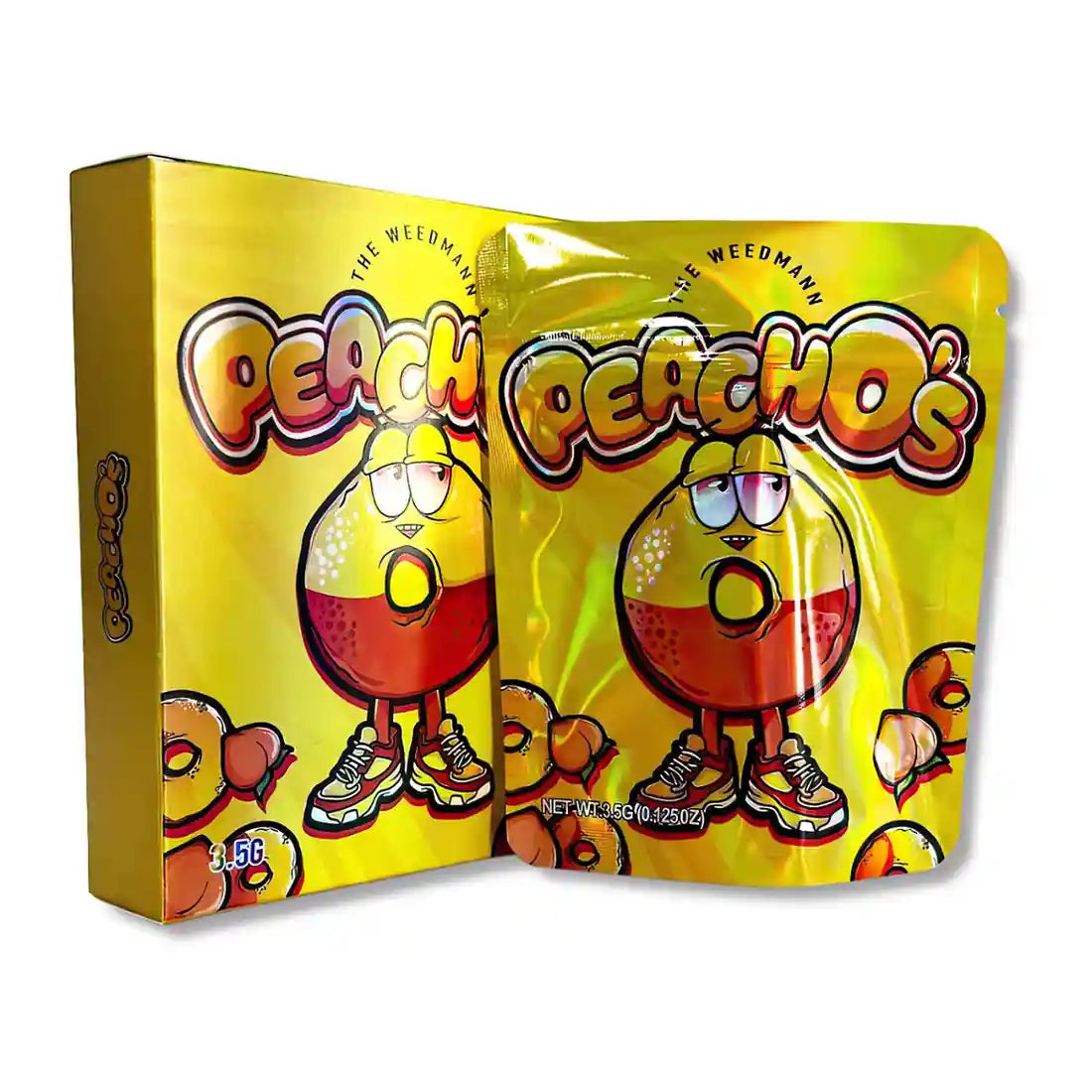 Large mylar bags, herb Mylar Bags, Mylar bag with box, Where to buy mylar bags, Custom mylar bags near me. Peachos candy packaging with cartoon character on a white background