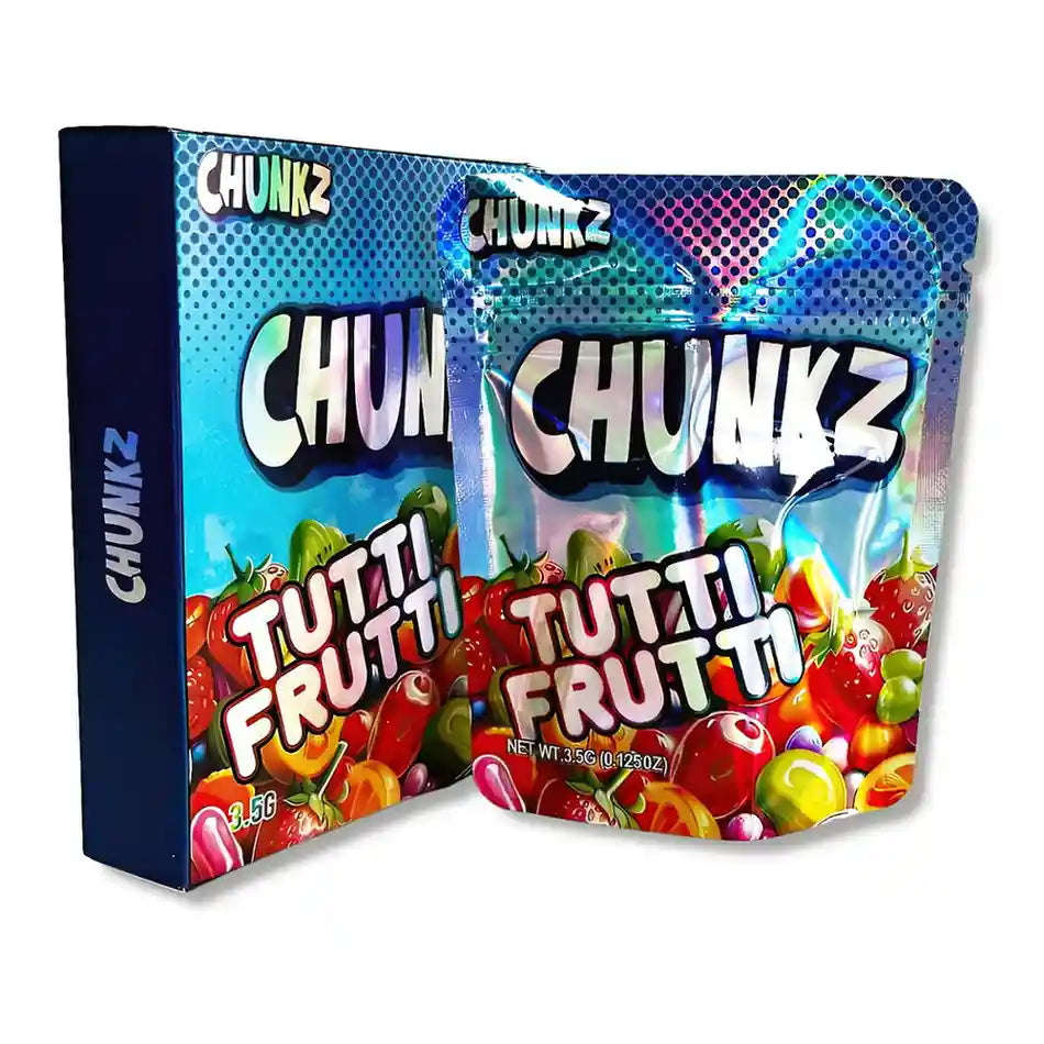Large mylar bags, herb Mylar Bags, Mylar bag with box, Where to buy mylar bags, Custom mylar bags near me.  Open packaging of Chunkz Tutti Frutti candy with colorful design and fruit illustrations.