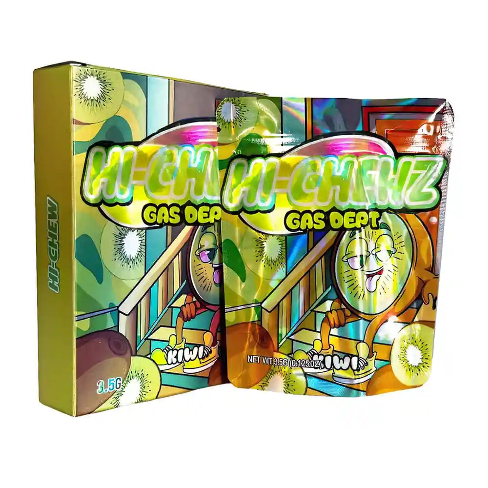 Large mylar bags, herb Mylar Bags, Mylar bag with box, Where to buy mylar bags, Custom mylar bags near me.  Colorful packaging of Hi-Chi-Chenz Gas Dept. with kiwi illustrations on a white background