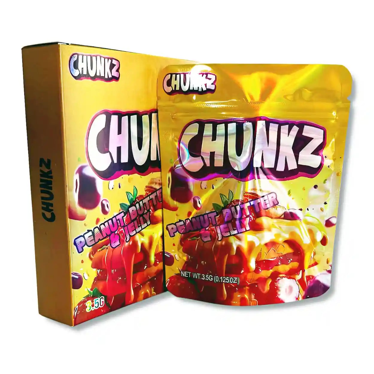 Large mylar bags, herb Mylar Bags, Mylar bag with box, Where to buy mylar bags, Custom mylar bags near me.  Yellow packaging of Chunkz Peanut Butter & Jelly snack with colorful design
