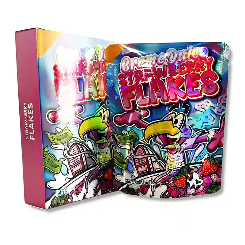 Large mylar bags, herb Mylar Bags, Mylar bag with box, Where to buy mylar bags, Custom mylar bags near me.  Colorful packaging of Cream & Sugar Strawberry Flakes with cartoon characters on a white background