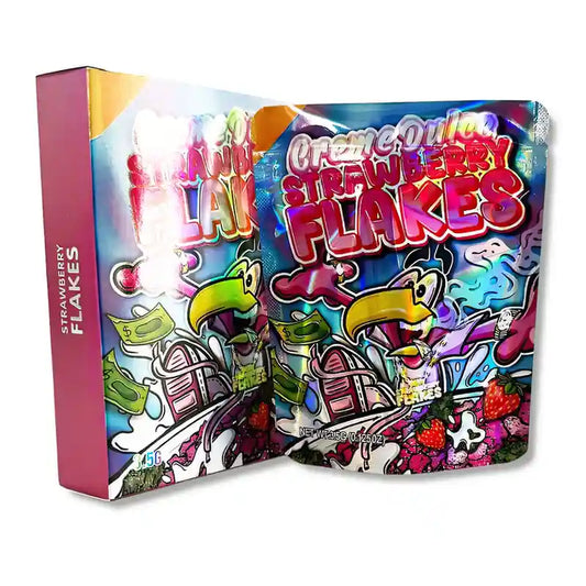 Large mylar bags, herb Mylar Bags, Mylar bag with box, Where to buy mylar bags, Custom mylar bags near me.  Colorful packaging of Cream & Sugar Strawberry Flakes with cartoon characters on a white background