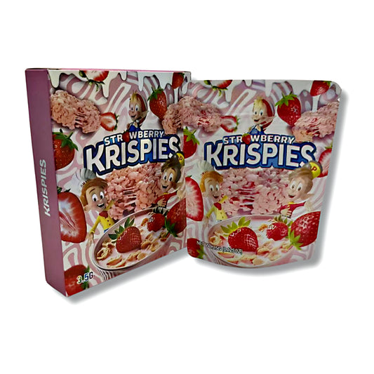 Mylar bags with box, herb Mylar Bags, Where to buy mylar bags, Custom mylar bags near me, Mylar Bags Wholesale. Two Strawberry Krispies cereal packages on a white background