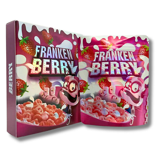 Mylar bags with box, herb Mylar Bags, Where to buy mylar bags, Custom mylar bags near me, Mylar Bags Wholesale. Open packaging of Franken Berry cereal with colorful design and cartoon characters.