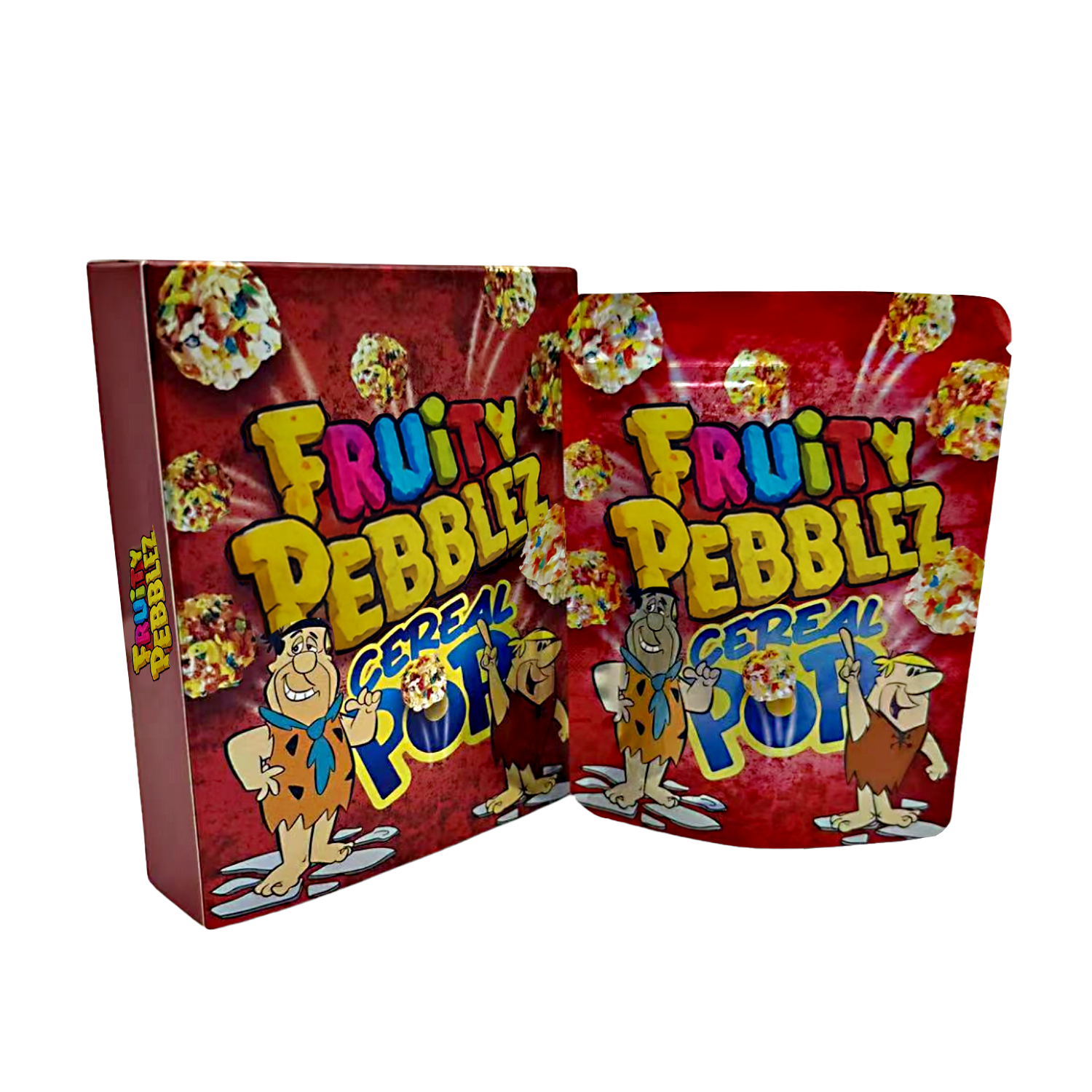 Mylar Bag Fruity Pebblez cereal pop packaging with cartoon characters on a white background